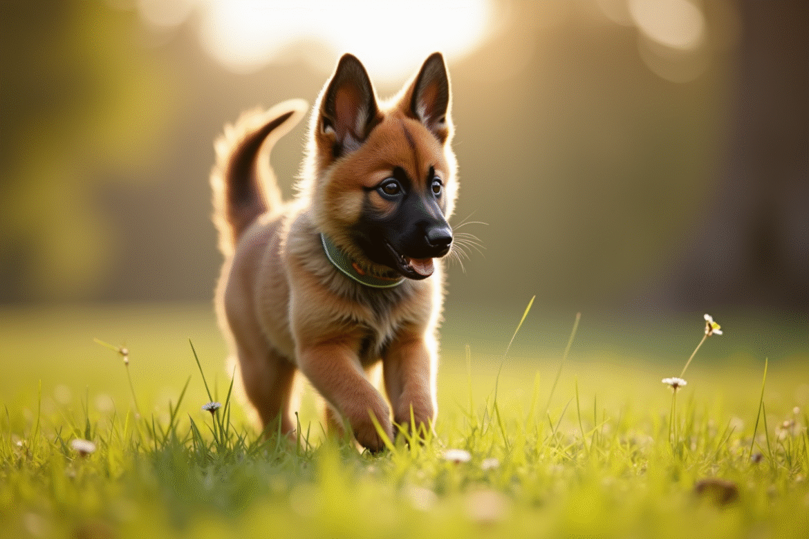 Chiot Laekenois rencontrant des gens dans un parc ensoleille