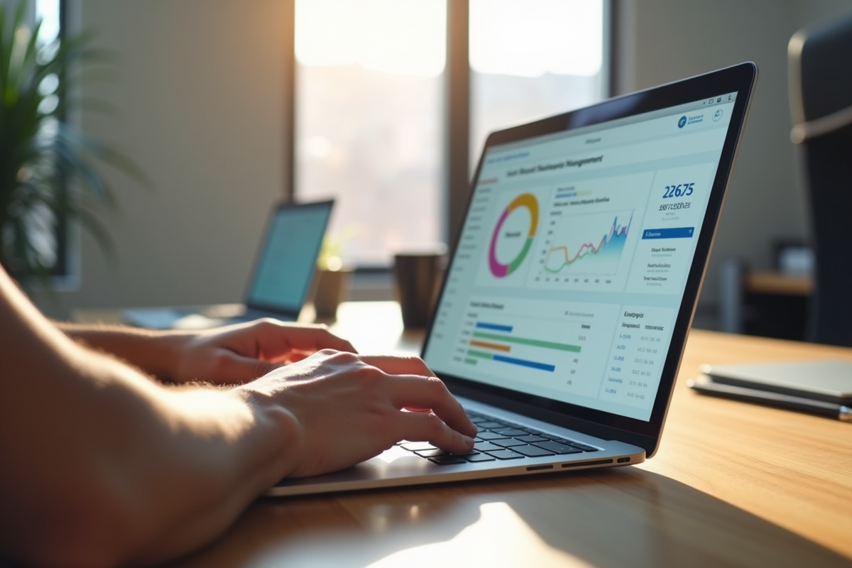 Mains tapant sur un ordinateur portable avec tableau de bord de leads