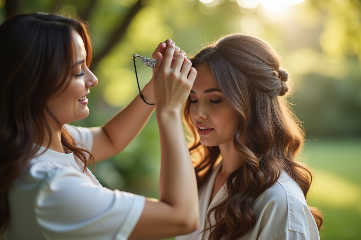 Coiffeur arrangeant cheveux mi-longs en style moderne en extérieur