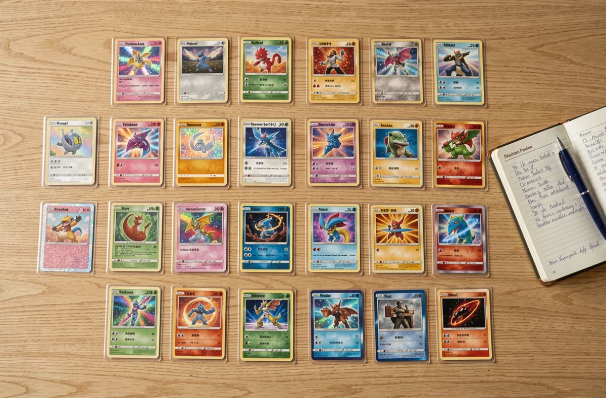 Collection complète de cartes Pokémon Dracaufeu Ex et éditions rares organisées en flat lay sur table en bois avec protège-cartes