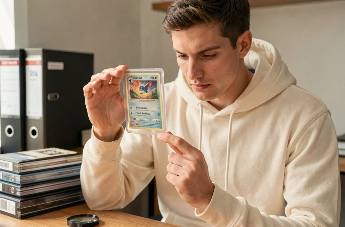 Collectionneur adulte tenant une carte Pokémon Dracaufeu Ex gradée dans un étui rigide PSA, examinant l'édition rare de près