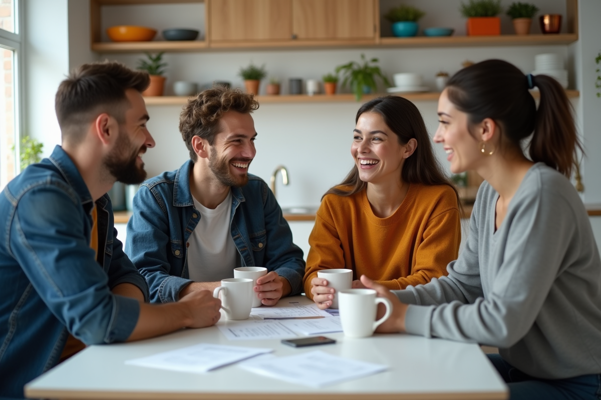 Quatre jeunes adultes discutent dans une cuisine moderne en colocation