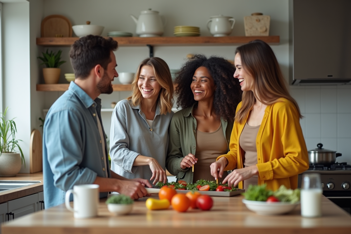 Quatre colocataires rient en préparant un repas dans une cuisine moderne