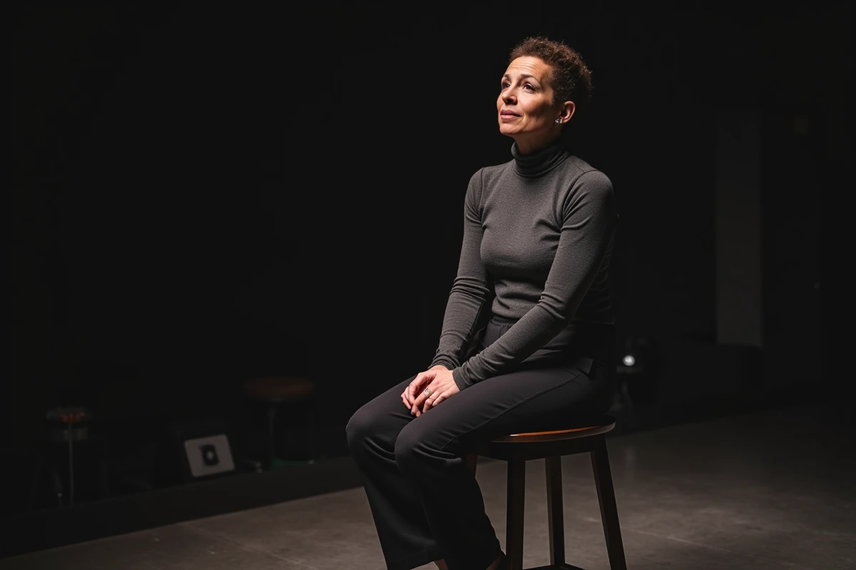 Comédienne de stand-up en solo dans un théâtre minimaliste livrant un numéro d'humour noir avec un regard impassible