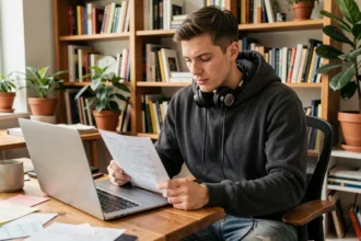 Jeune homme comparant des traductions de paroles de chanson sur son ordinateur portable avec des notes imprimées sur son bureau