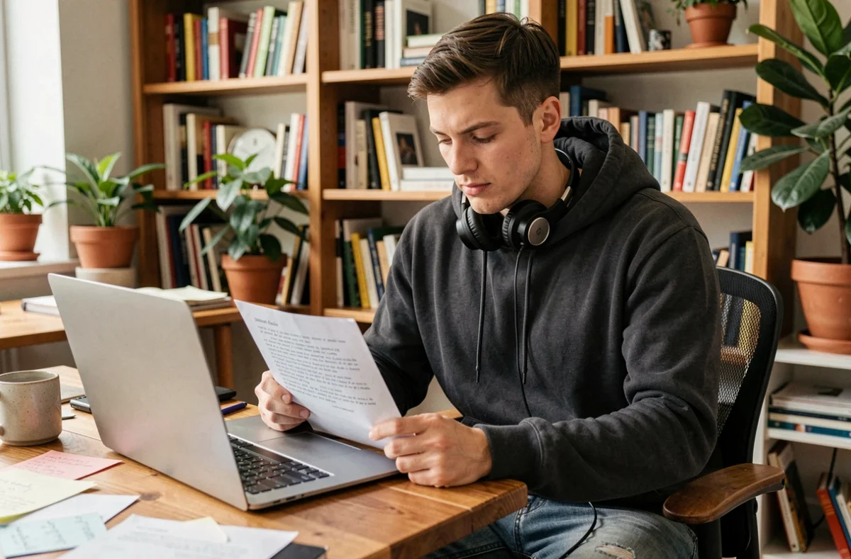 Jeune homme comparant des traductions de paroles de chanson sur son ordinateur portable avec des notes imprimées sur son bureau