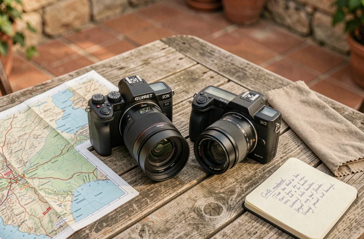 Comparatif de deux appareils photo compacts à grand zoom posés sur une table en bois avec accessoires de voyage