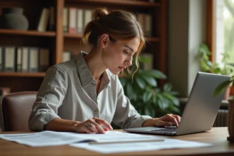 Femme consultant des archives d'un site web ancien sur ordinateur portable et documents imprimés dans un bureau