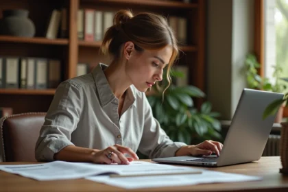 Femme consultant des archives d'un site web ancien sur ordinateur portable et documents imprimés dans un bureau