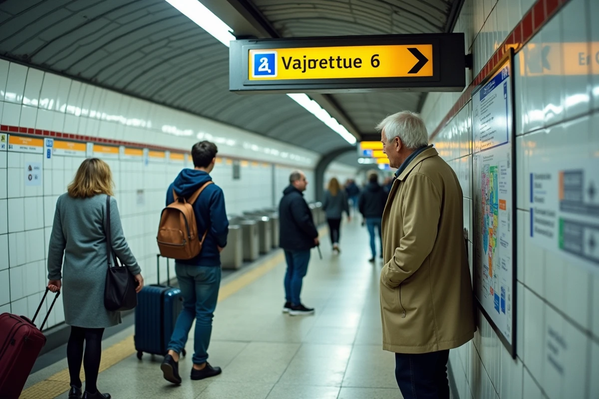 Panneau de correspondance du métro parisien ligne 6 avec voyageurs en station