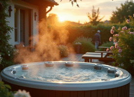 Terrasse de cottage normand avec jacuzzi extérieur en soirée
