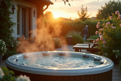 Terrasse de cottage normand avec jacuzzi extérieur en soirée