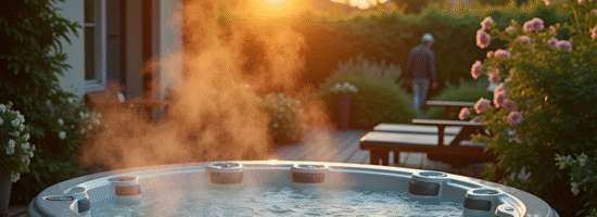 Terrasse de cottage normand avec jacuzzi extérieur en soirée
