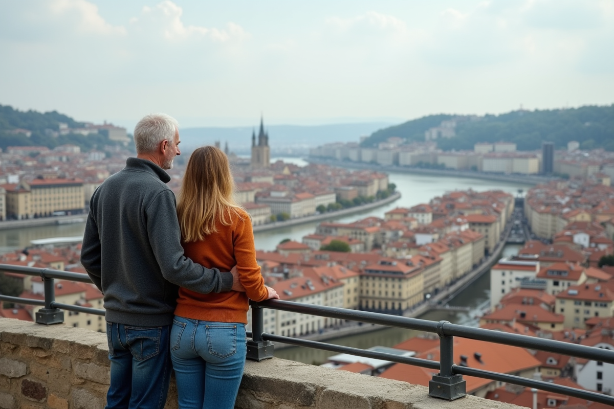 Couple détendu sur un balcon avec vue sur Lyon