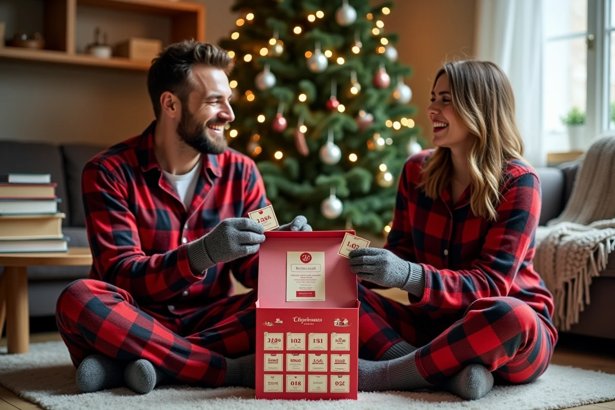 Couple en pyjama ouvrant ensemble le calendrier de l'avent FDJ 2026 devant un sapin de Noël décoré dans leur salon