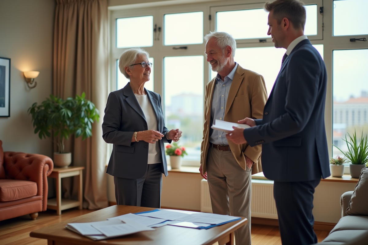 Couple discutant avec agent immobilier dans le salon