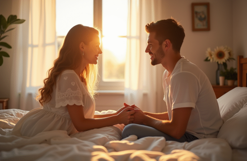 Jeune couple souriant sur un lit en matinée lumineuse