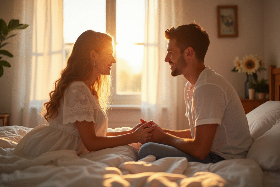 Jeune couple souriant sur un lit en matinée lumineuse