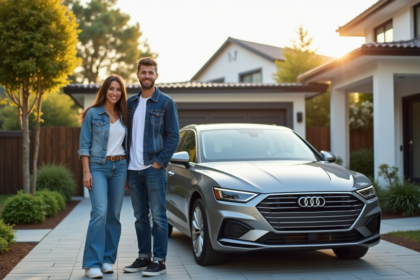Jeune couple souriant avec voiture familiale dans la cour