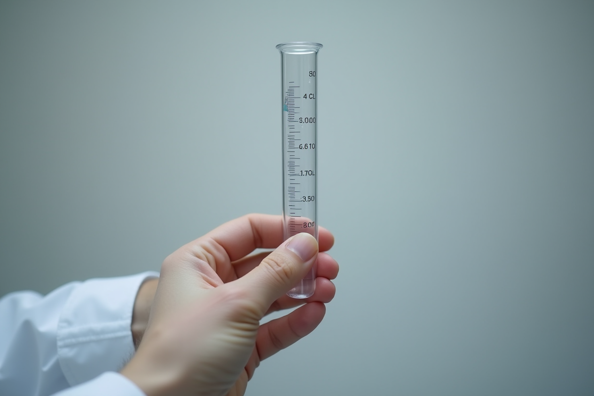 Main tenant un cylindre de laboratoire avec liquide à 4 cl