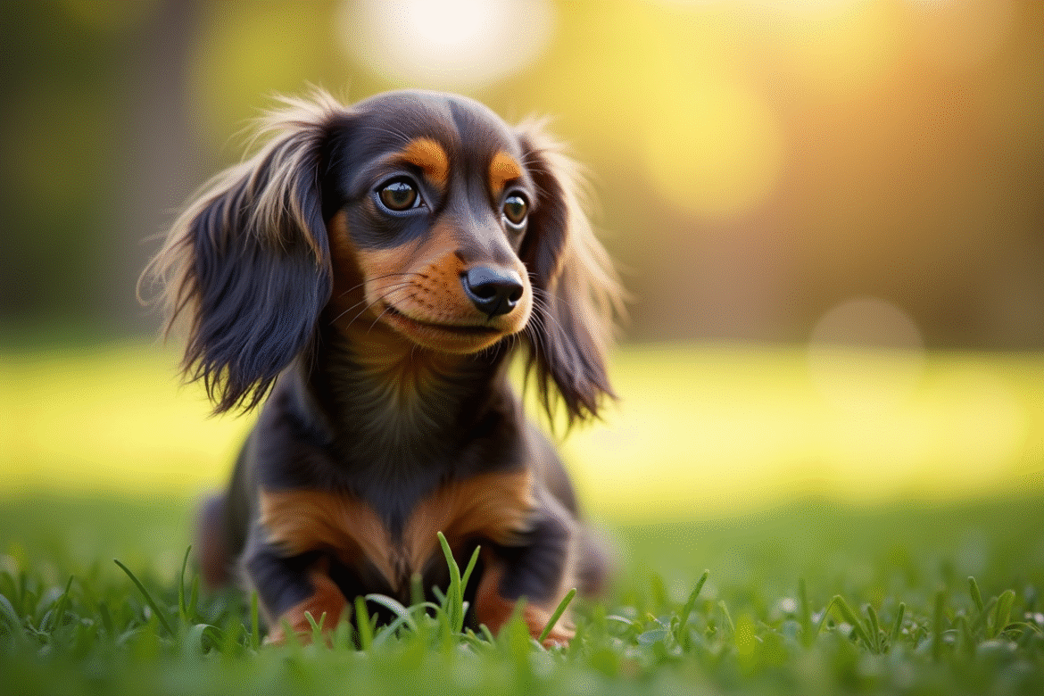 Teckel à poil long dans un parc ensoleille avec regard doux