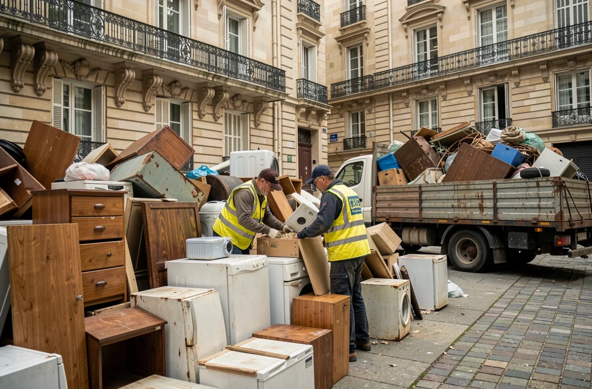 Deux agents de Débarras Intégral Paris triant des objets dans la cour d'un immeuble haussmannien