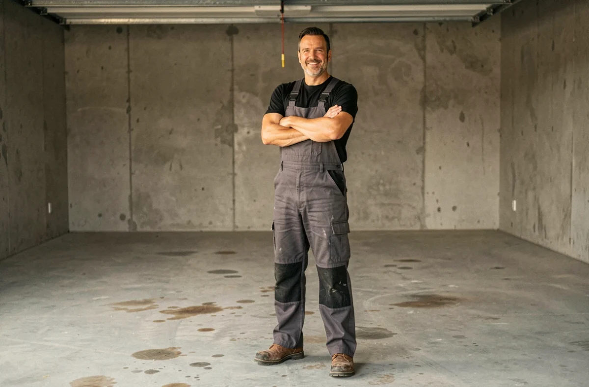Agent de Débarras Total posant devant un garage entièrement vidé et nettoyé