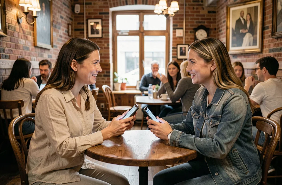 Deux femmes comparant des traductions de paroles de musique sur leurs smartphones dans un café vintage