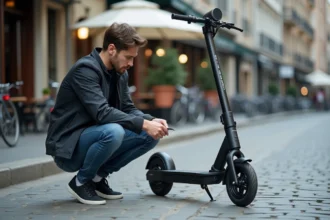 Jeune homme examinant le tableau de bord d'une trottinette électrique sur un trottoir urbain