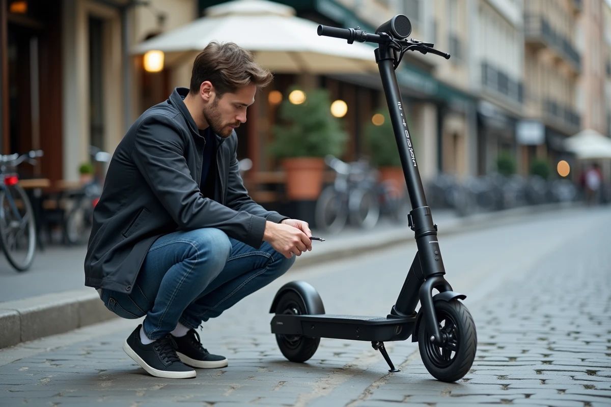 Jeune homme examinant le tableau de bord d'une trottinette électrique sur un trottoir urbain