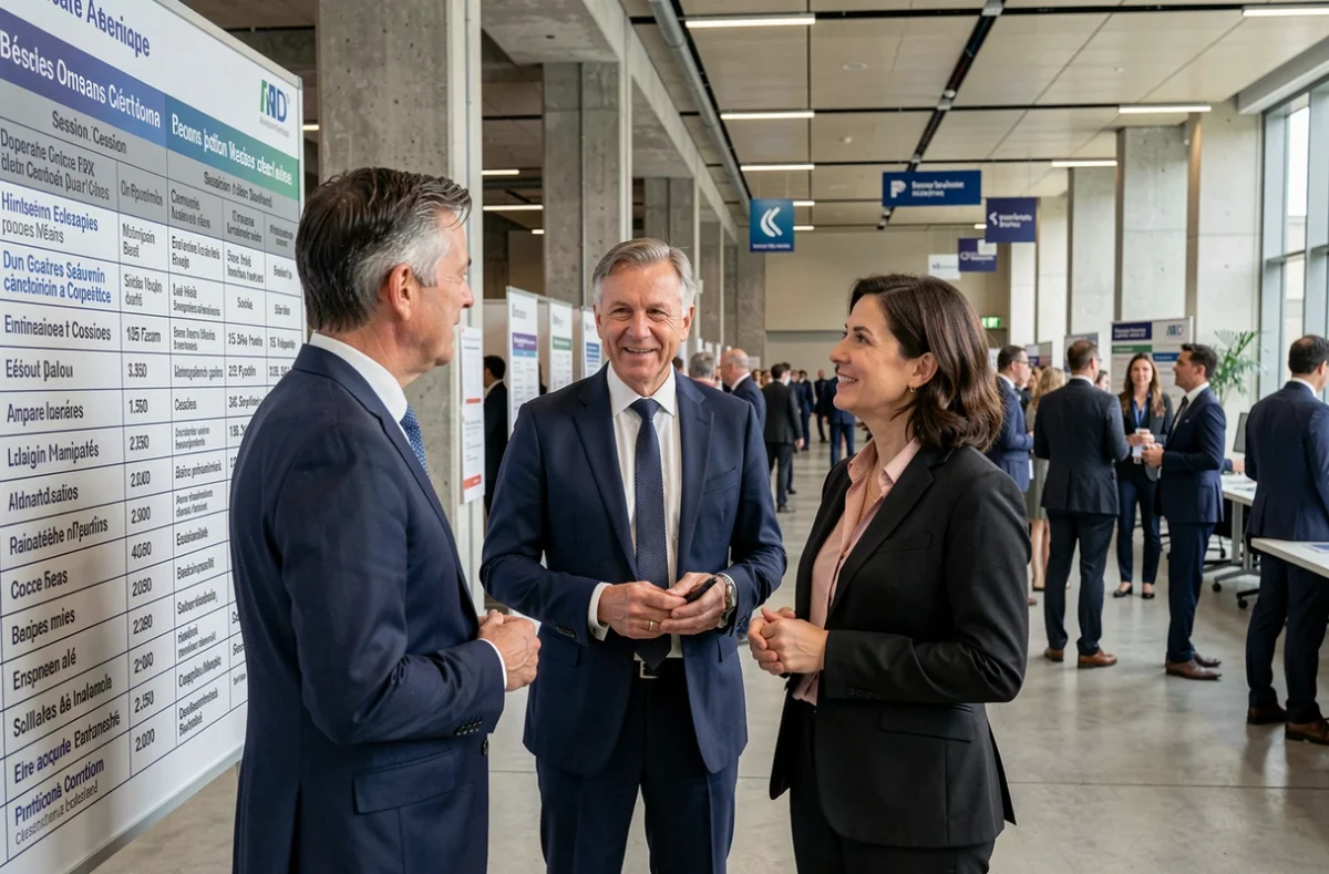 Délégués internationaux discutant devant le programme officiel du congrès UINL à Paris
