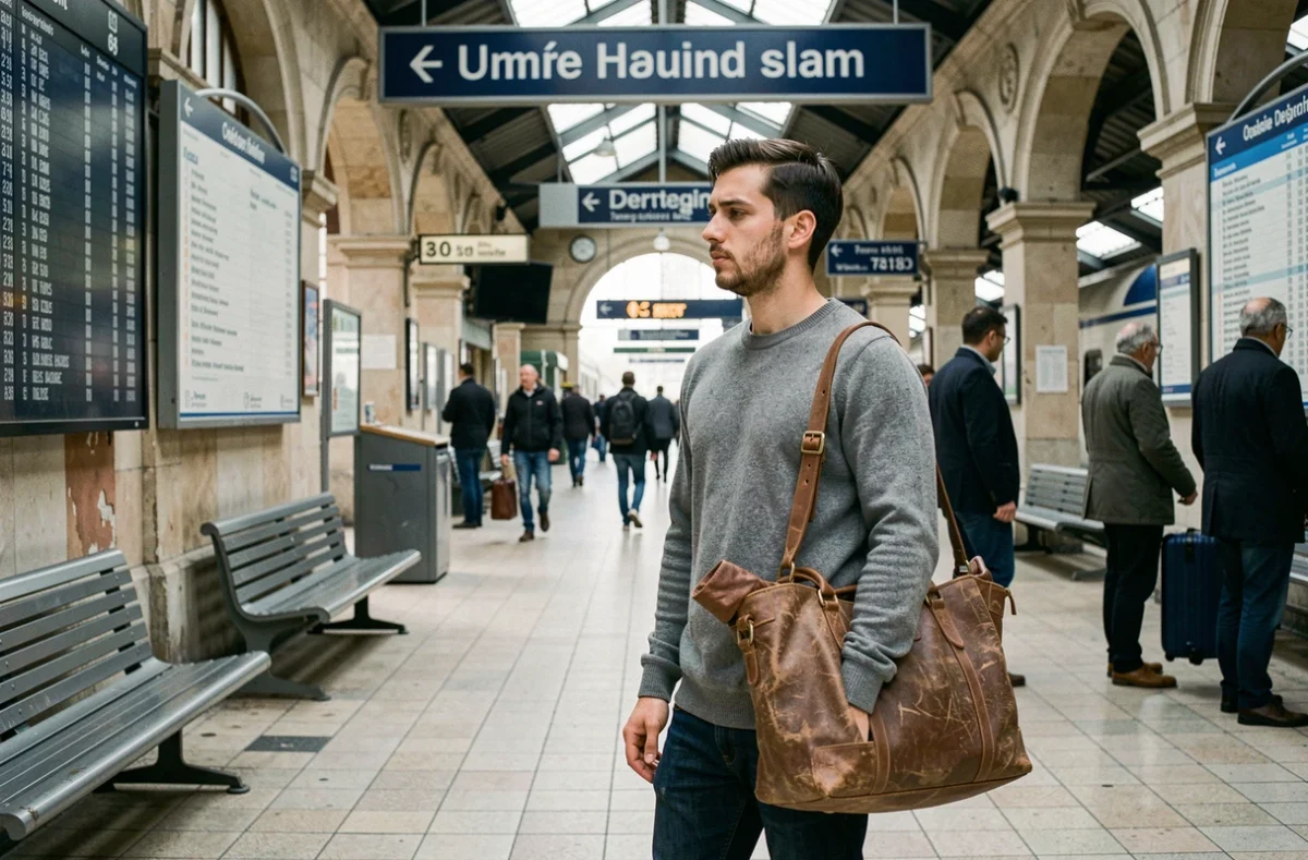 Homme politique en déplacement discret dans une gare provinciale française, loin de sa communication officielle sur Instagram