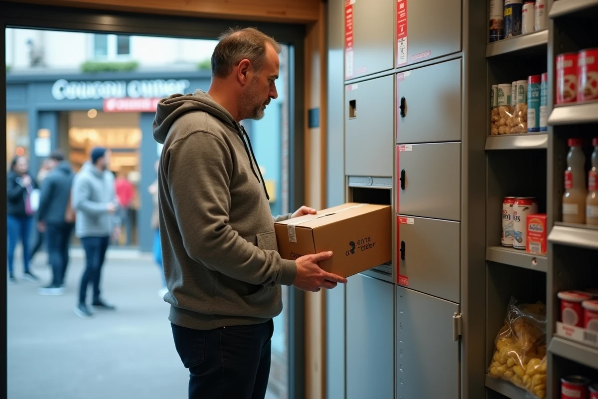 Homme déposant un colis dans un casier connecté Coucou Cyber à Bordeaux quartier Victoire pour un retour de commande en ligne
