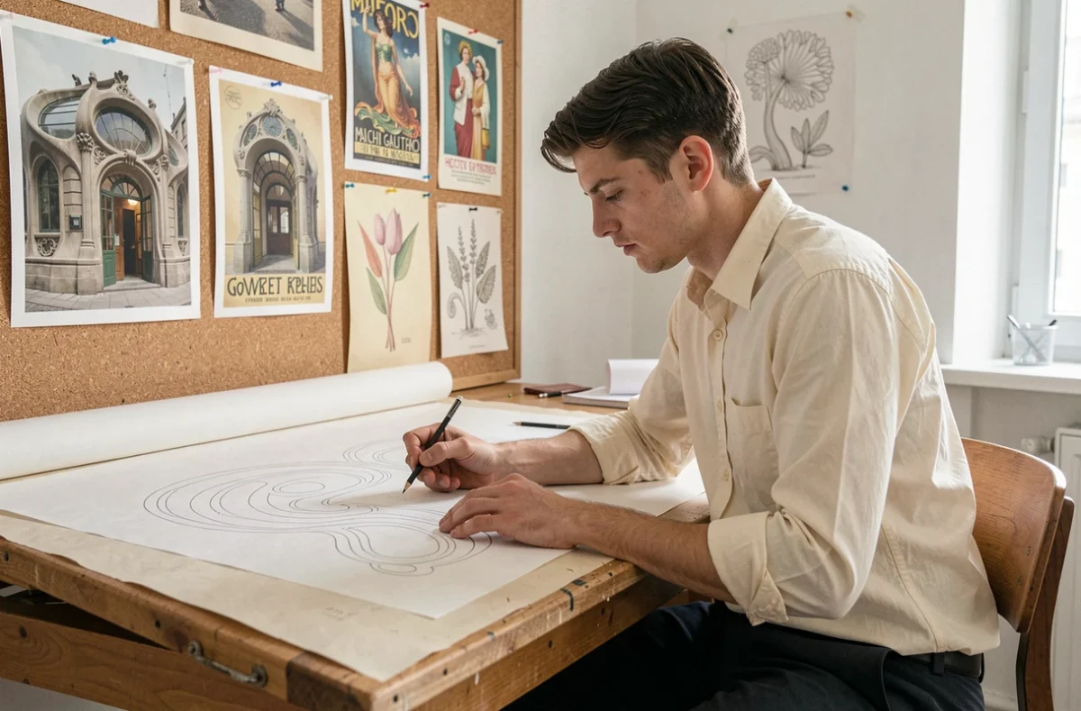 Jeune homme dessinant des courbes Art Nouveau sur papier calque dans un studio de design avec des références de Guimard et Mucha épinglées au mur