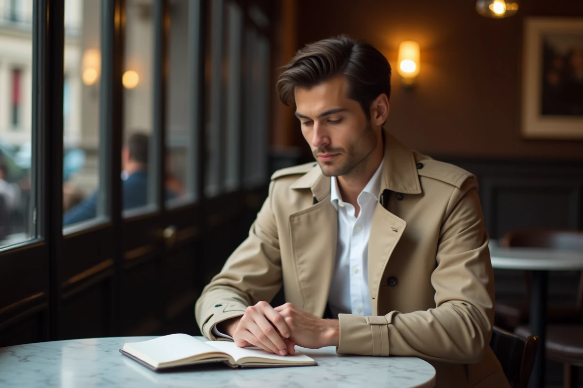 Adulte élégant en imperméable beige dans un café parisien, incarnant la discrétion raffinée et l'anonymat chic