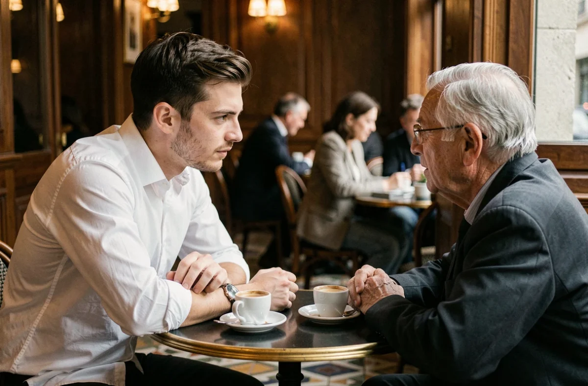 Jeune responsable politique en discussion privée et informelle dans un café parisien, loin de son image soignée sur les réseaux sociaux