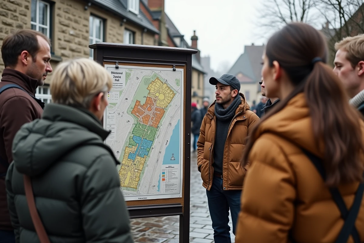 Groupe de personnes discutant autour d une carte de zonage en extérieur