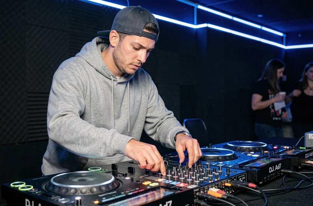 DJ Ad7 en pleine concentration sur sa table de mixage dans un club sombre aux accents néon bleus