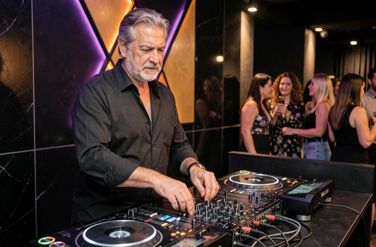 DJ Marco Senz en performance dans un club haut de gamme de l'Oise avec platines vinyles et panneaux LED géométriques