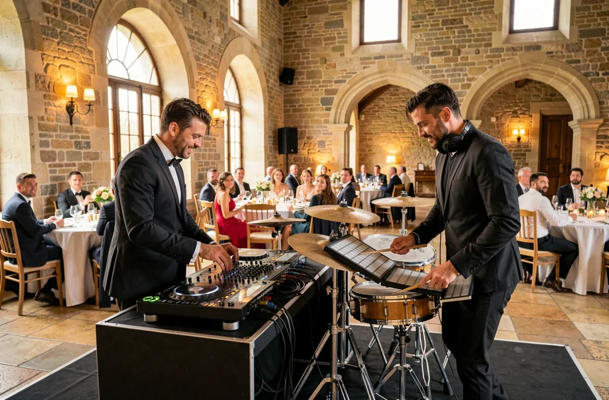 Duo Thibault et Arnaud DJ Percussion combinant table de mixage et batterie électronique lors d'une réception de mariage dans un château de l'Oise