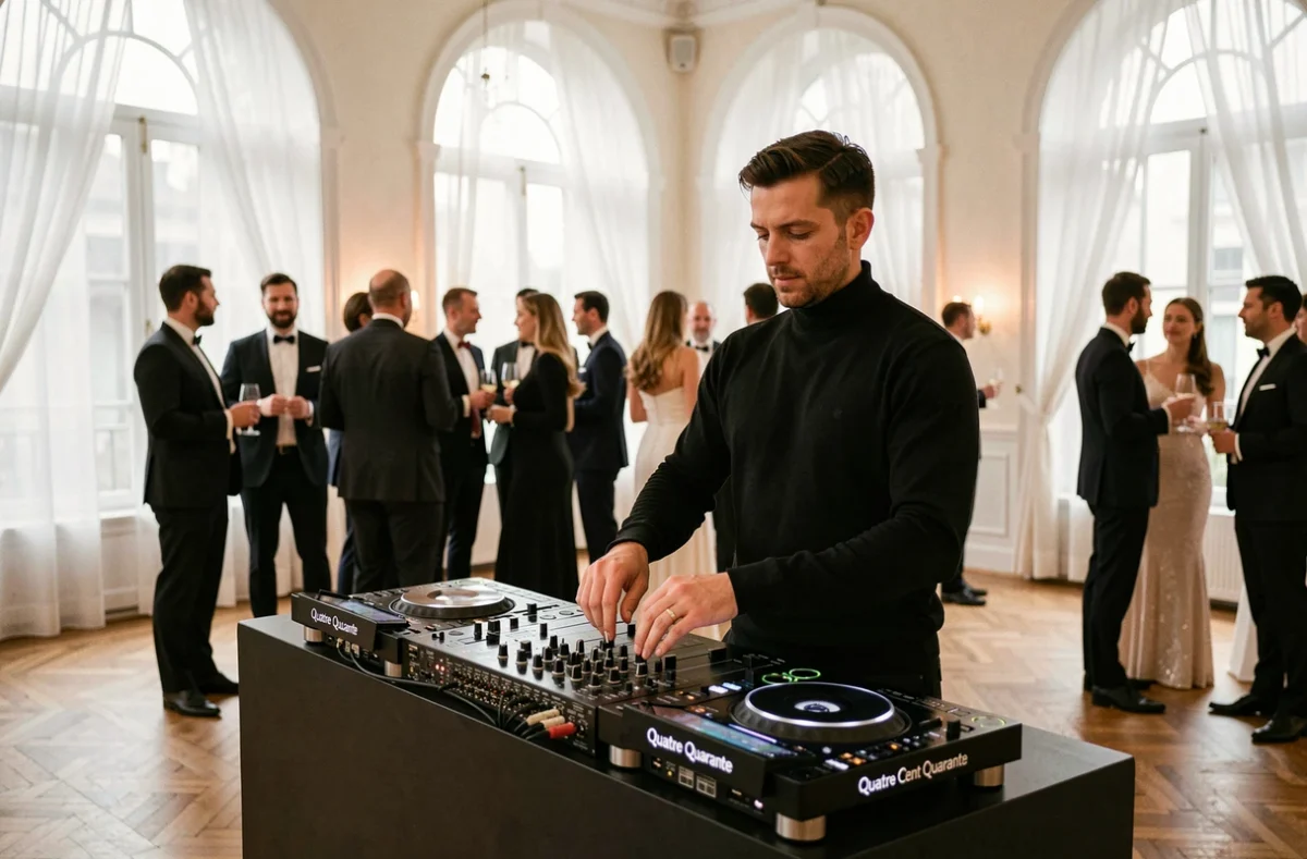 DJ Quatre Cent Quarante en performance lors d'une réception privée élégante avec parquet et grandes fenêtres en arc