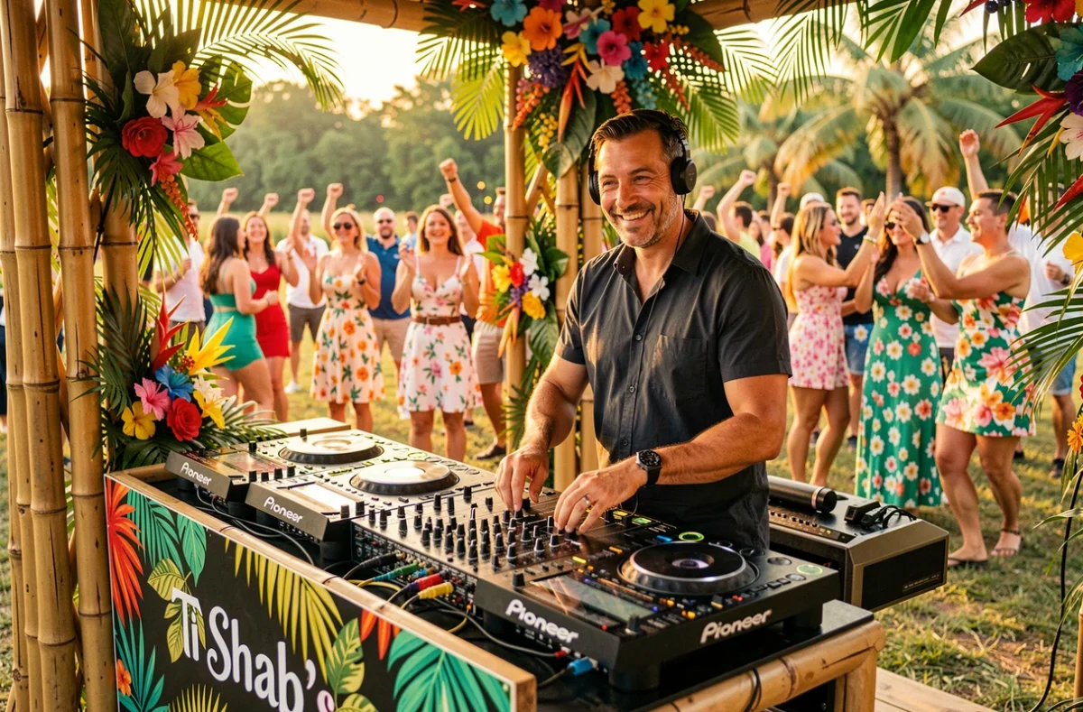 DJ Ti Shab'S en performance lors d'une soirée tropicale en plein air avec décor caribéen et foule colorée