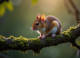 Lérot perché sur une branche de mousse au crépuscule