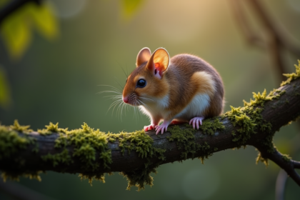Lérot perché sur une branche de mousse au crépuscule