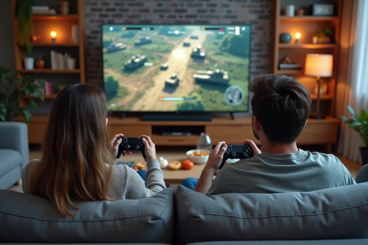 Deux adultes jouant ensemble à un war game gratuit sur console dans un salon confortable