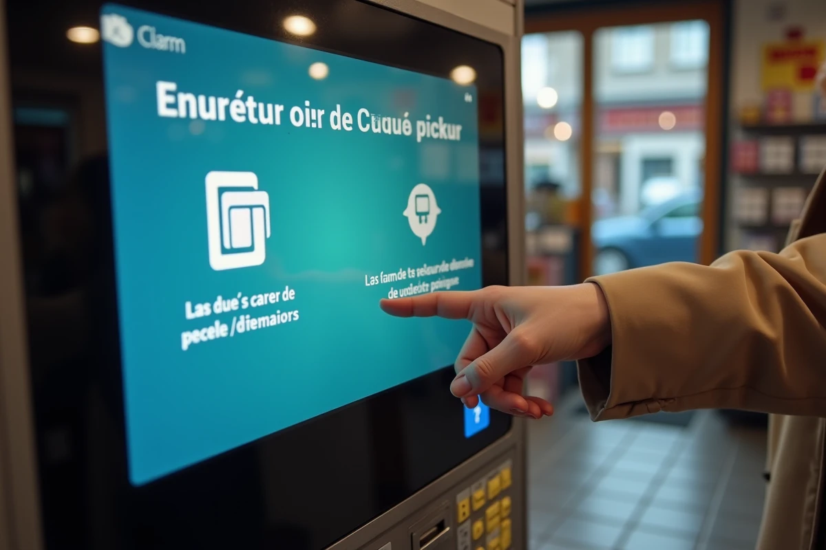 Gros plan sur l'écran tactile d'un terminal Coucou Cyber pour retrait ou dépôt de colis à Bordeaux avec interface en français