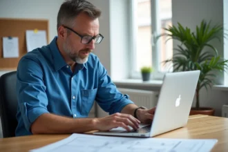 Électricien d'âge moyen travaillant sur un ordinateur dans un bureau
