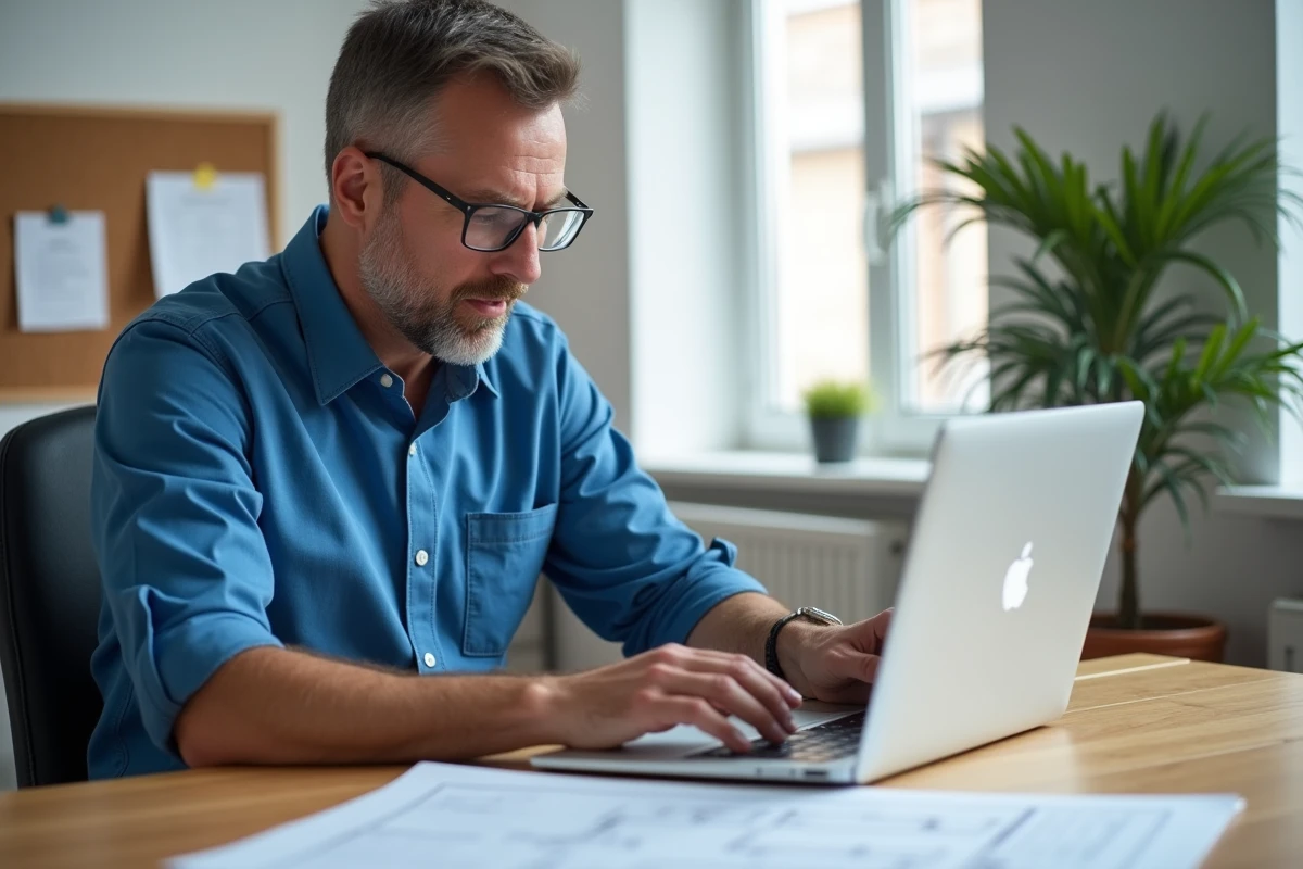 Électricien d'âge moyen travaillant sur un ordinateur dans un bureau