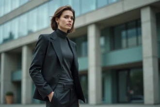 Personne stylée en col roulé anthracite dans un cadre urbain moderne, illustrant l'élégance discrète et l'anonymat assumé