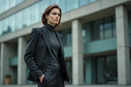Personne stylée en col roulé anthracite dans un cadre urbain moderne, illustrant l'élégance discrète et l'anonymat assumé